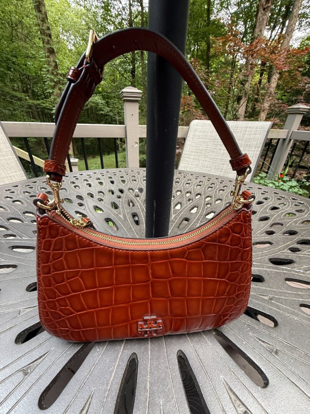 Tory Burch Thea Convertible Crossbody Bag Brown Croc-Embossed Leather